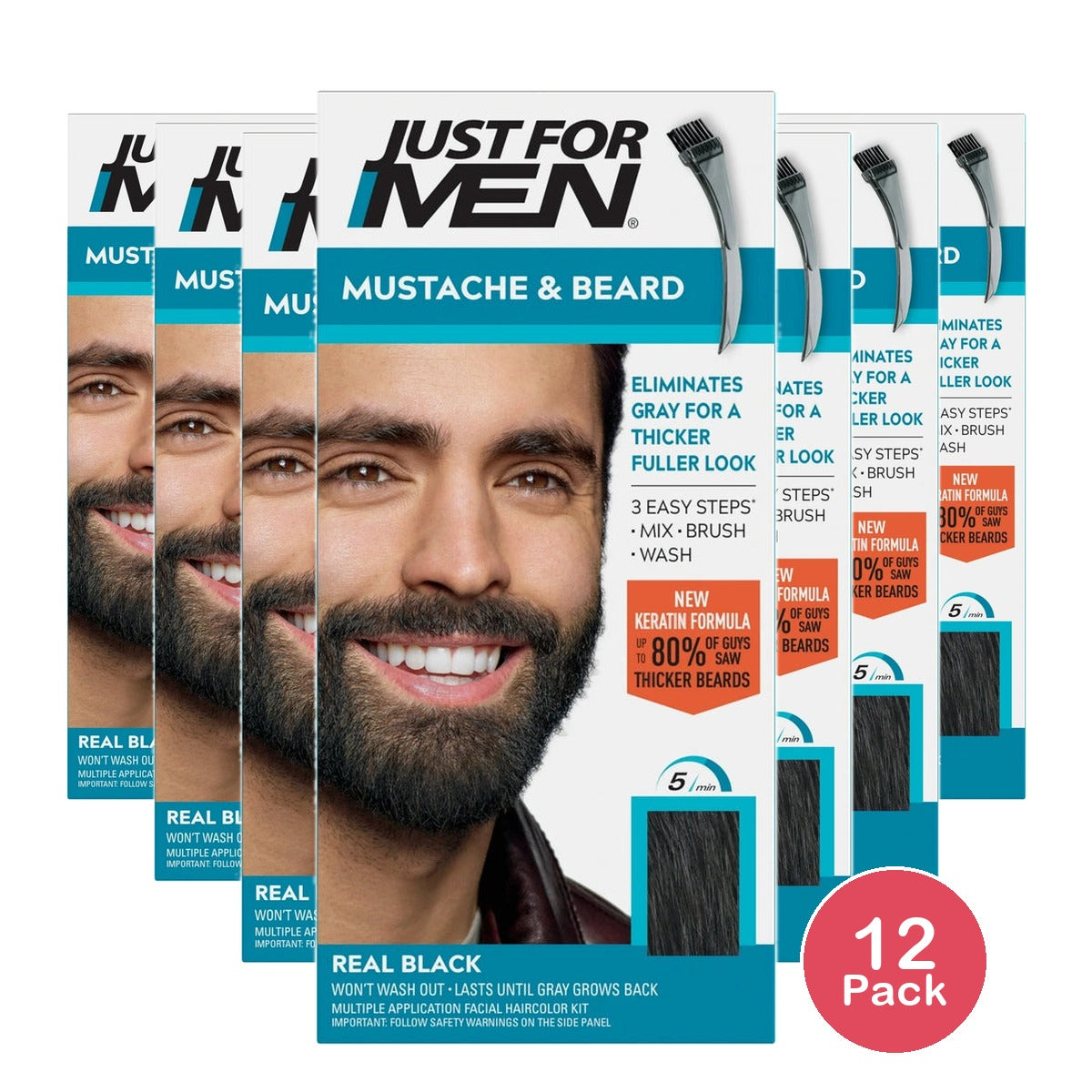 Just for Men Brush-In Color Gel for Mustache & Beard, Real Black M-55, 1 kit, (Pack of 12)