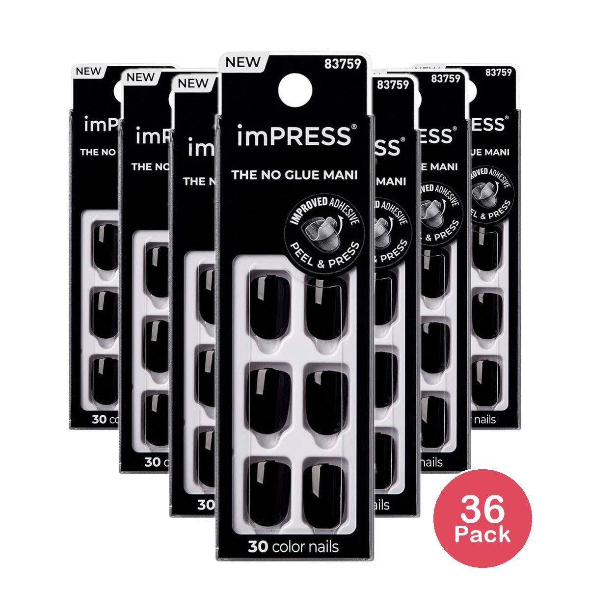 KISS imPRESS Color Short Squoval Press-On Nails with Glue Black Solid 30 Piece (Pack of 36)