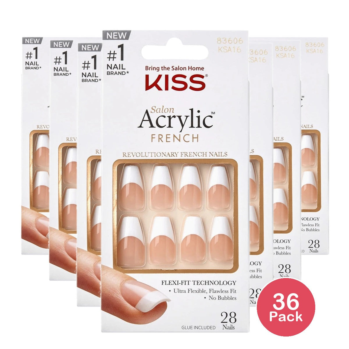 Kiss Salon Acrylic Medium Coffin Press-on Nails with Glue, White French, 28 Pieces (Pack of 36)