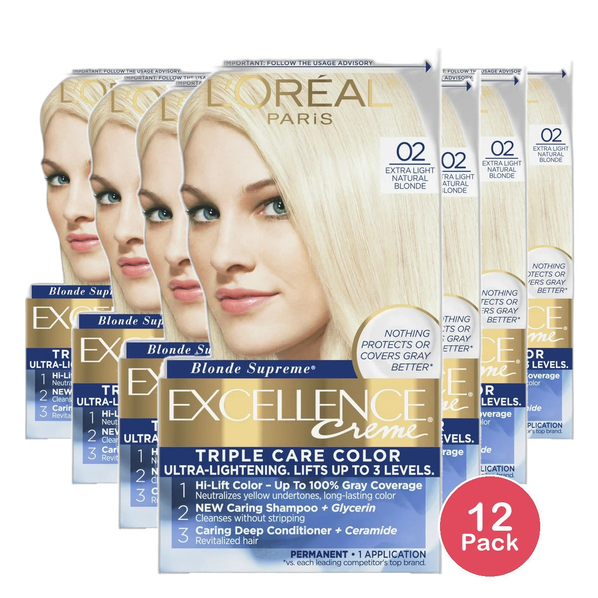 Loreal Excellence Triple Protection Hair Color Creme 2 Extra Light Natural Blonde 8.11Oz (Pack of 12)