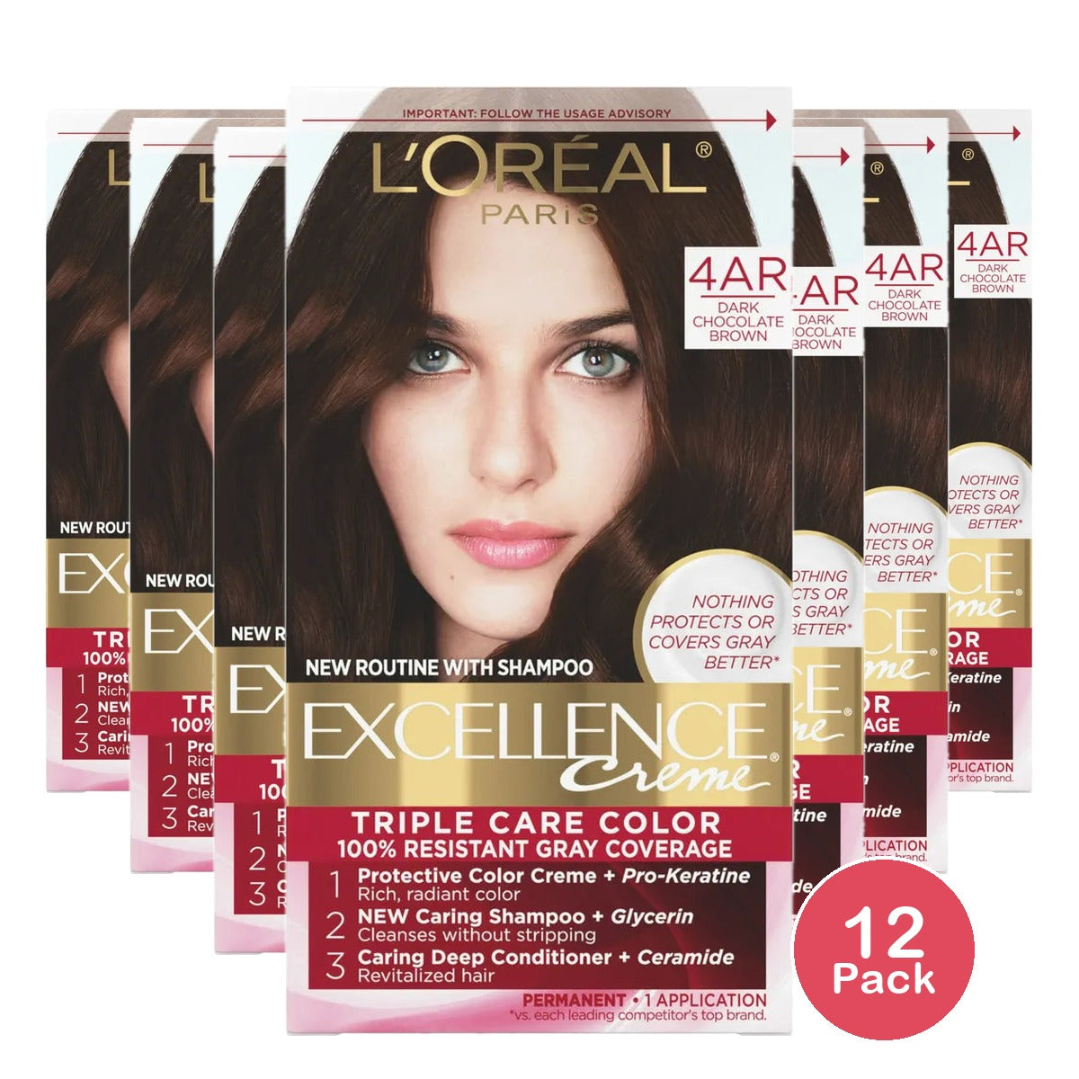 Loreal Excellence Triple Protection Hair Color Creme 4Ar Dark Chocolate BrownKit 10.4oz (Pack of 12)