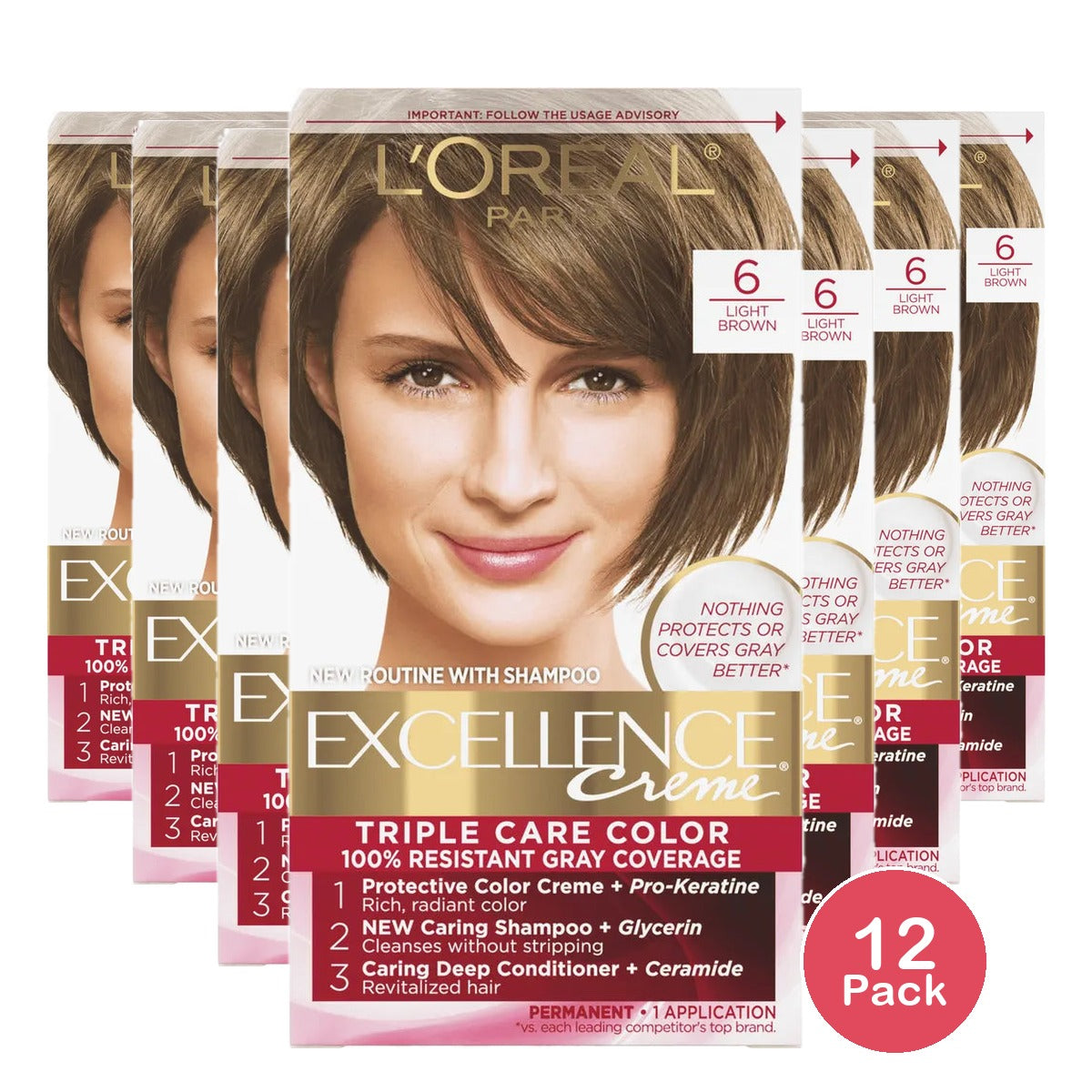 Loreal Excellence Triple Protection Hair Color Creme #6 Light Brown1 Ea 10.4oz (Pack of 12)