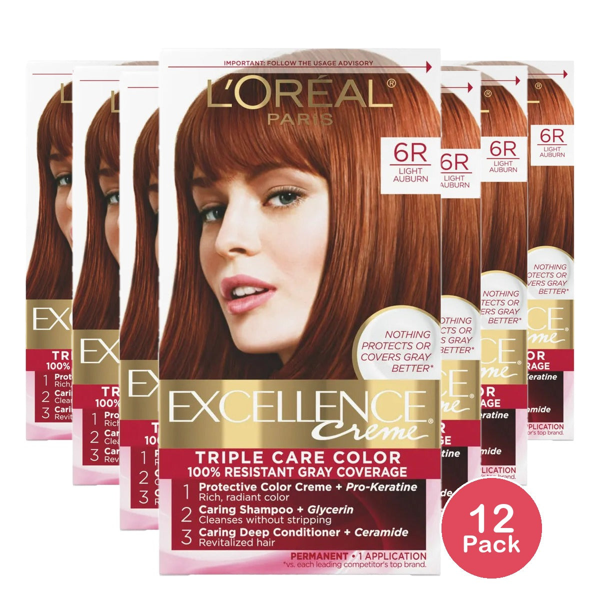Loreal Excellence Triple Protection Hair Color Creme 6R Light Auburn1 Ea 10.4oz (Pack of 12)