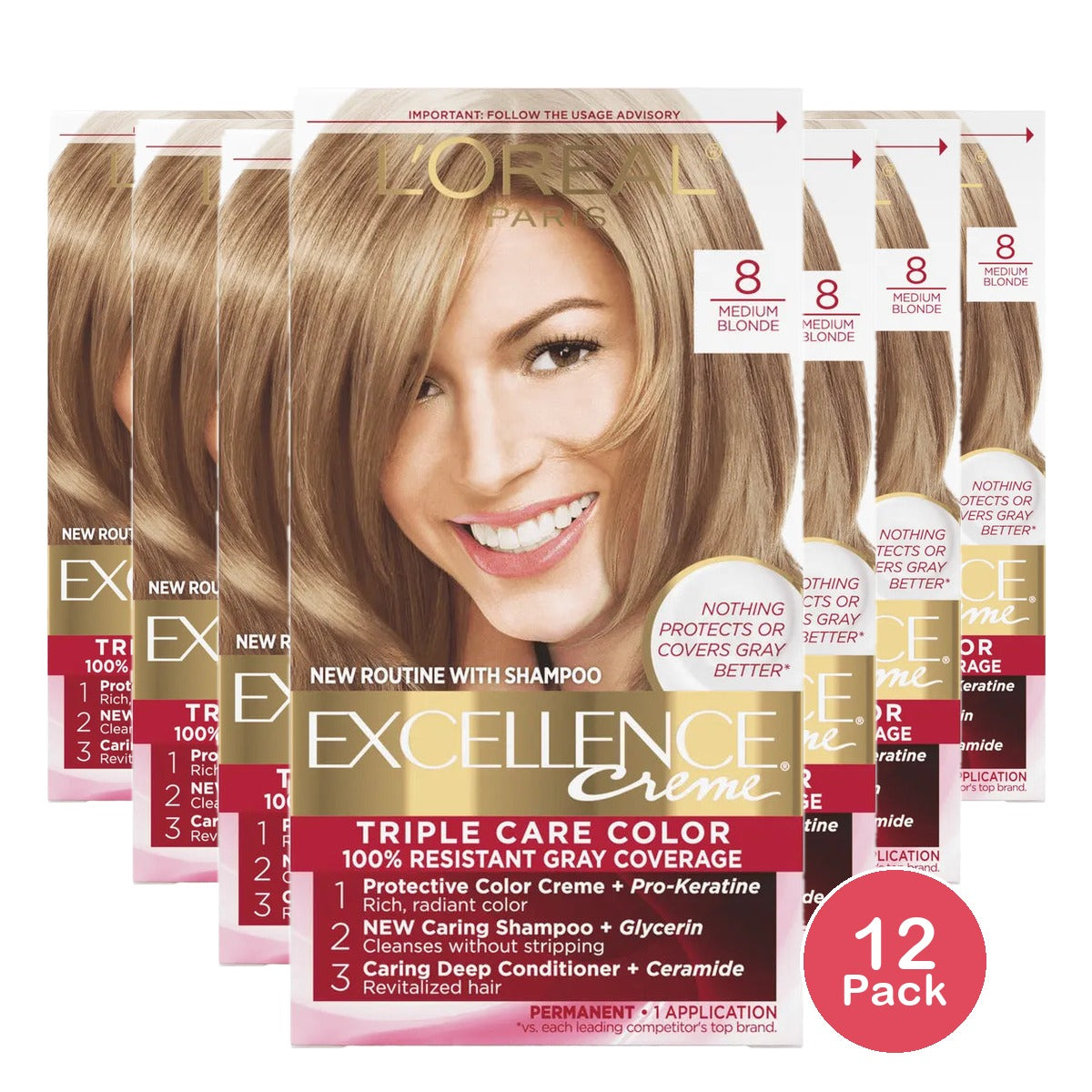 Loreal Excellence Triple Protection Hair Color Creme 8 Medium Blonde 1 Kit 10.4oz (Pack of 12)