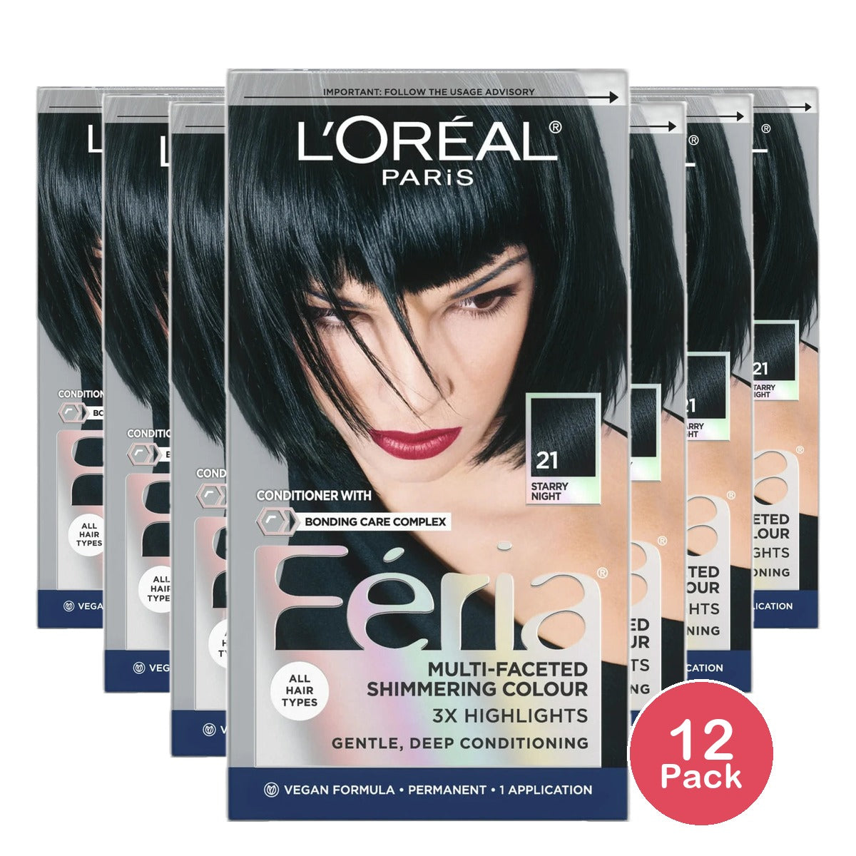 Loreal Feria Multi Faceted Shimmering Hair Color #21 Starry Night 10.4oz (Bright Black)1 Ea (Pack of 12)