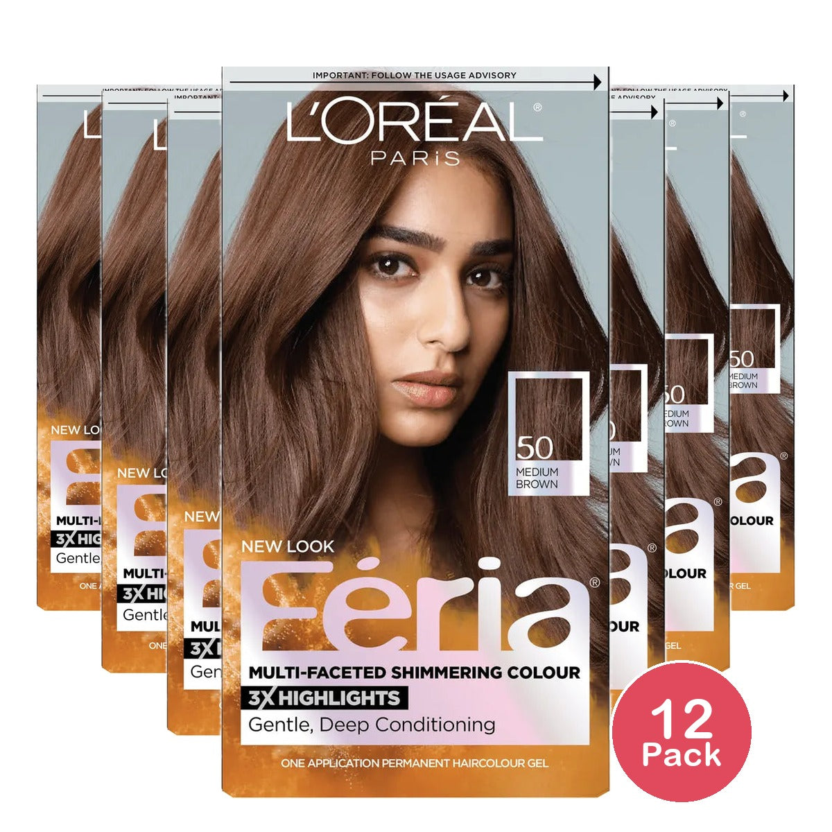Loreal Feria Multi Faceted Shimmering Haircolor 50 Medium BrownKit 71249230015 6.3OZ (Pack of 12)