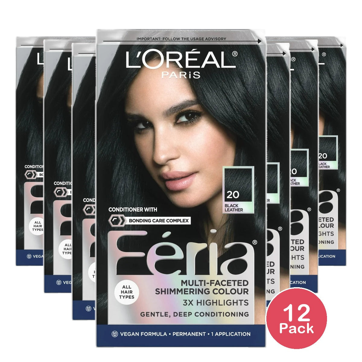 Loreal Feria Multi Faceted Shimmering Permanent Haircolor 20 Black 9.3Oz(Pack of 12)