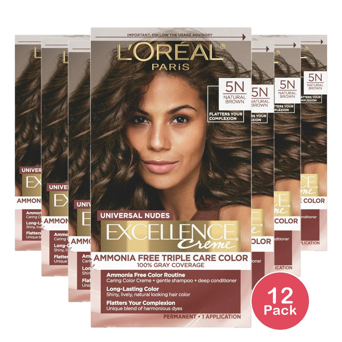 L'Oreal Paris Excellence Universal Nudes Ammonia Free Permanent Hair Color - 5N (Pack of 12)