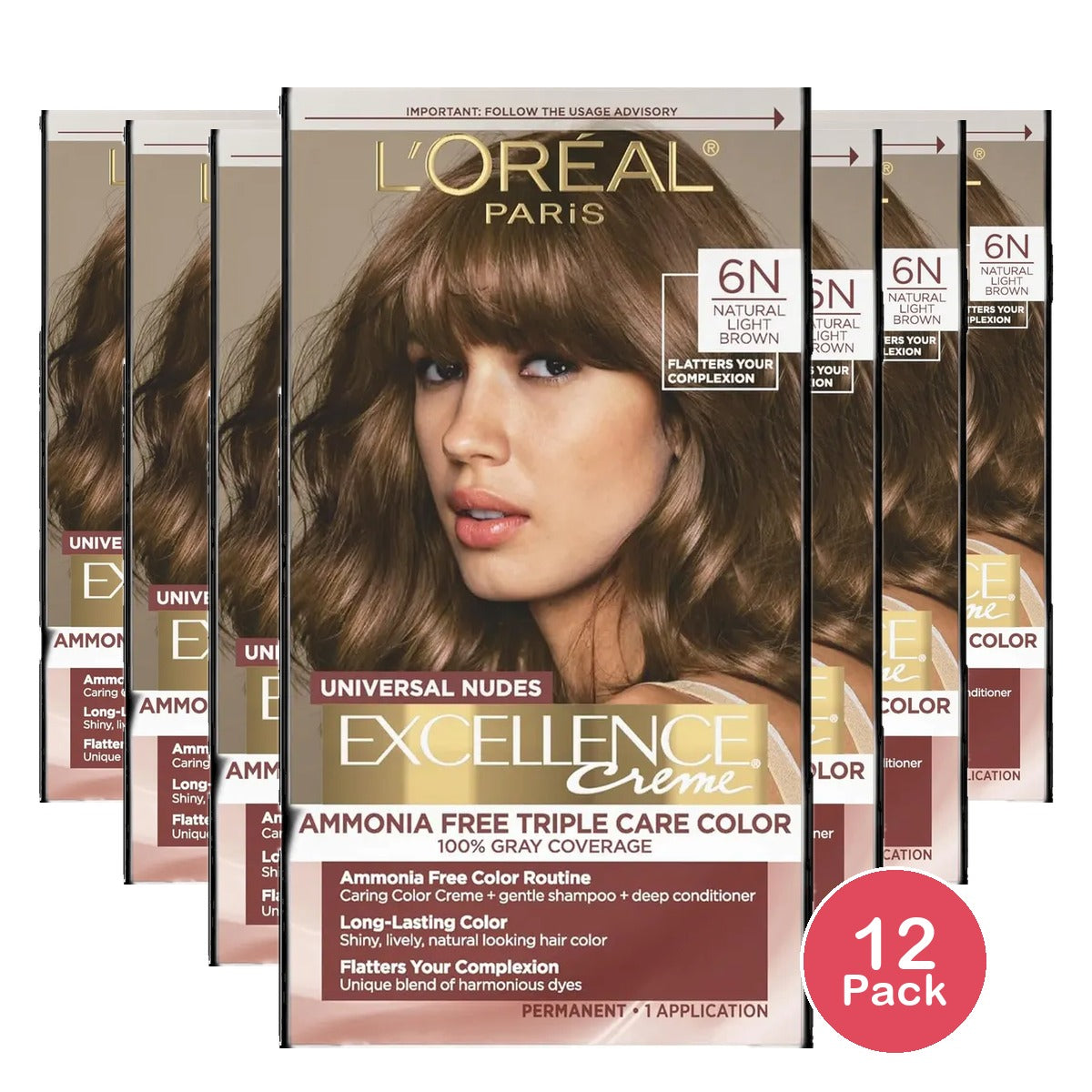 L'Oreal Paris Excellence Universal Nudes Permanent Hair Color 6N Natural Light Brown 100 Percent Gray Coverage 1 Kit 9.6oz (Pack of 12)