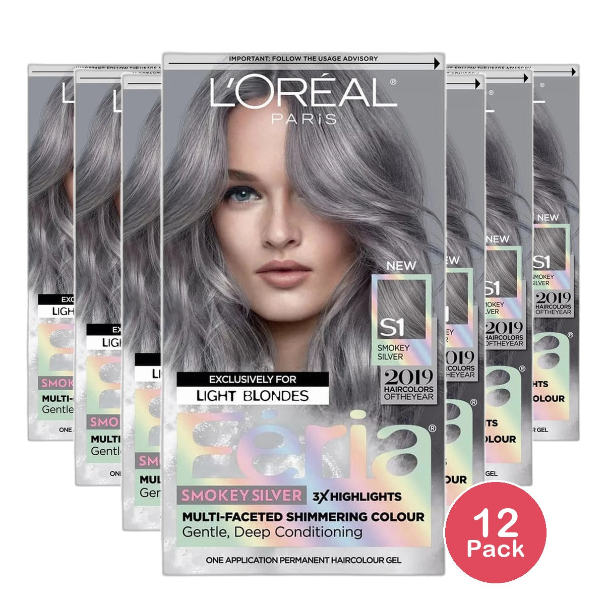 LOreal Paris Feria Multi-Faceted Shimmering Permanent Hair Color S1 Smokey Silver 8oz (Pack of 12)