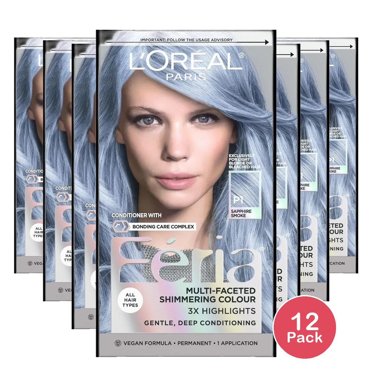 L'Oreal Paris Feria Shimmering Permanent Hair Color P1 Sapphire Smoke 9.6oz (Smokey Blue) 1 Kit (Pack of 12)