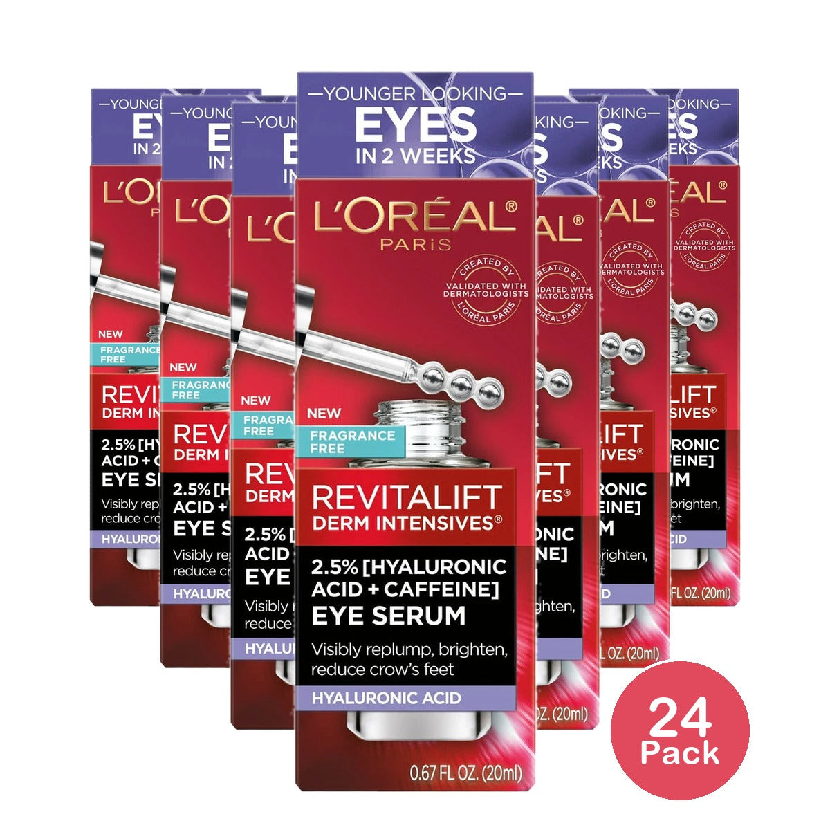 L'Oreal Paris Revitalift Derm Intensives Hyaluronic Acid and Caffeine Eye Serum 0.67 Oz (Pack of 24)