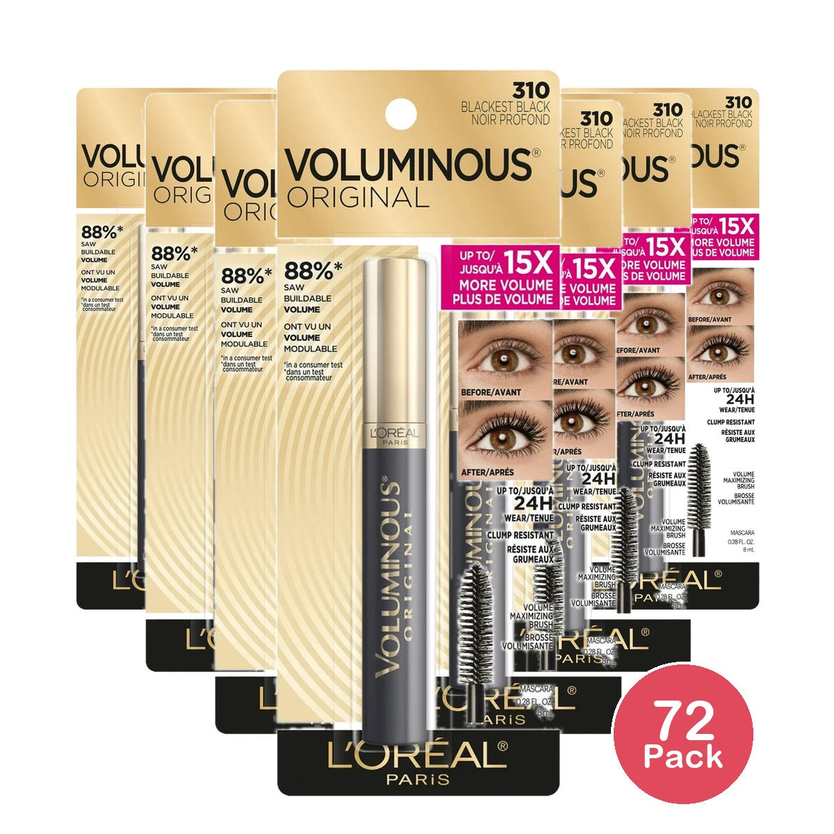 LOreal Voluminous Full Definition Volume Building Eye Mascara Blackest Black 0.96 Oz (Pack of 72)
