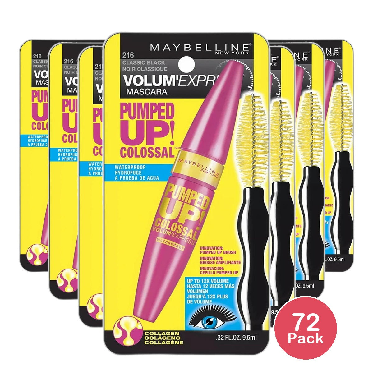 Maybelline Volum Express Pumped Up Colossal Waterproof Mascara Classic Black 0.32Oz (Pack of 72)