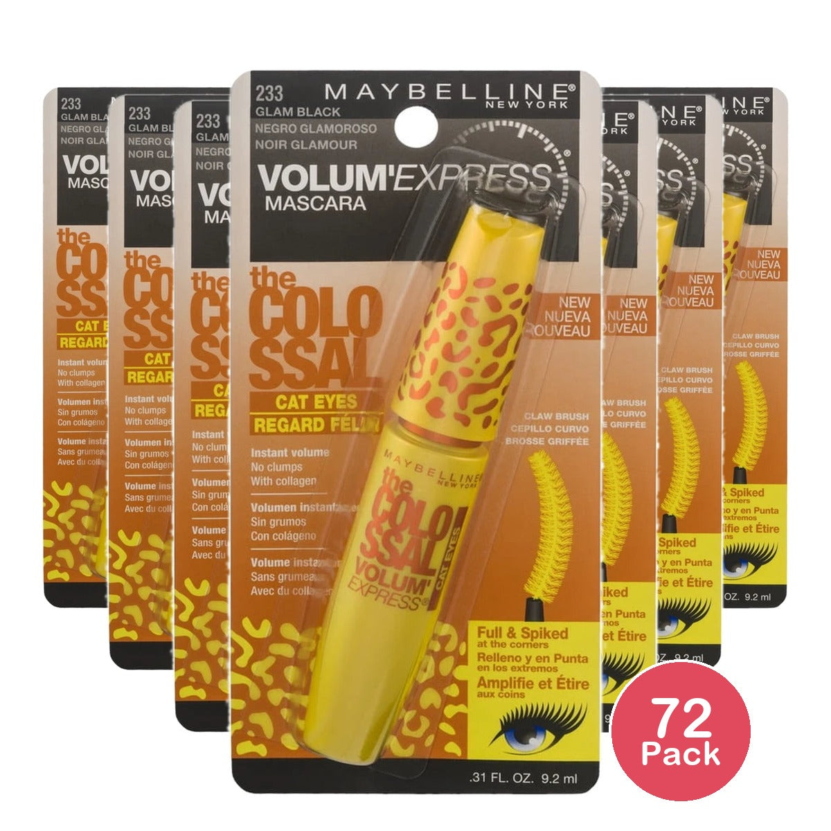 Maybelline Volum Express the Falsies Colossal Cat Eyes Washable Mascara, Glam Black [233], 0.31 Oz (Pack of 72)