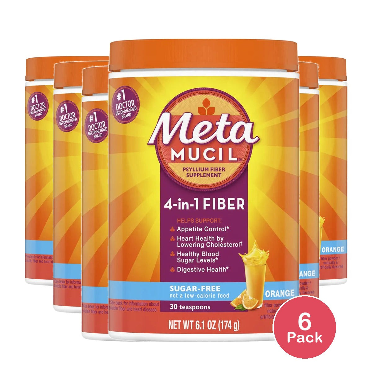 Metamucil Psyllium Fiber Supplement Orange Sugar Free Smooth Texture Powder 30 Doses 6.1oz (Pack of 6)