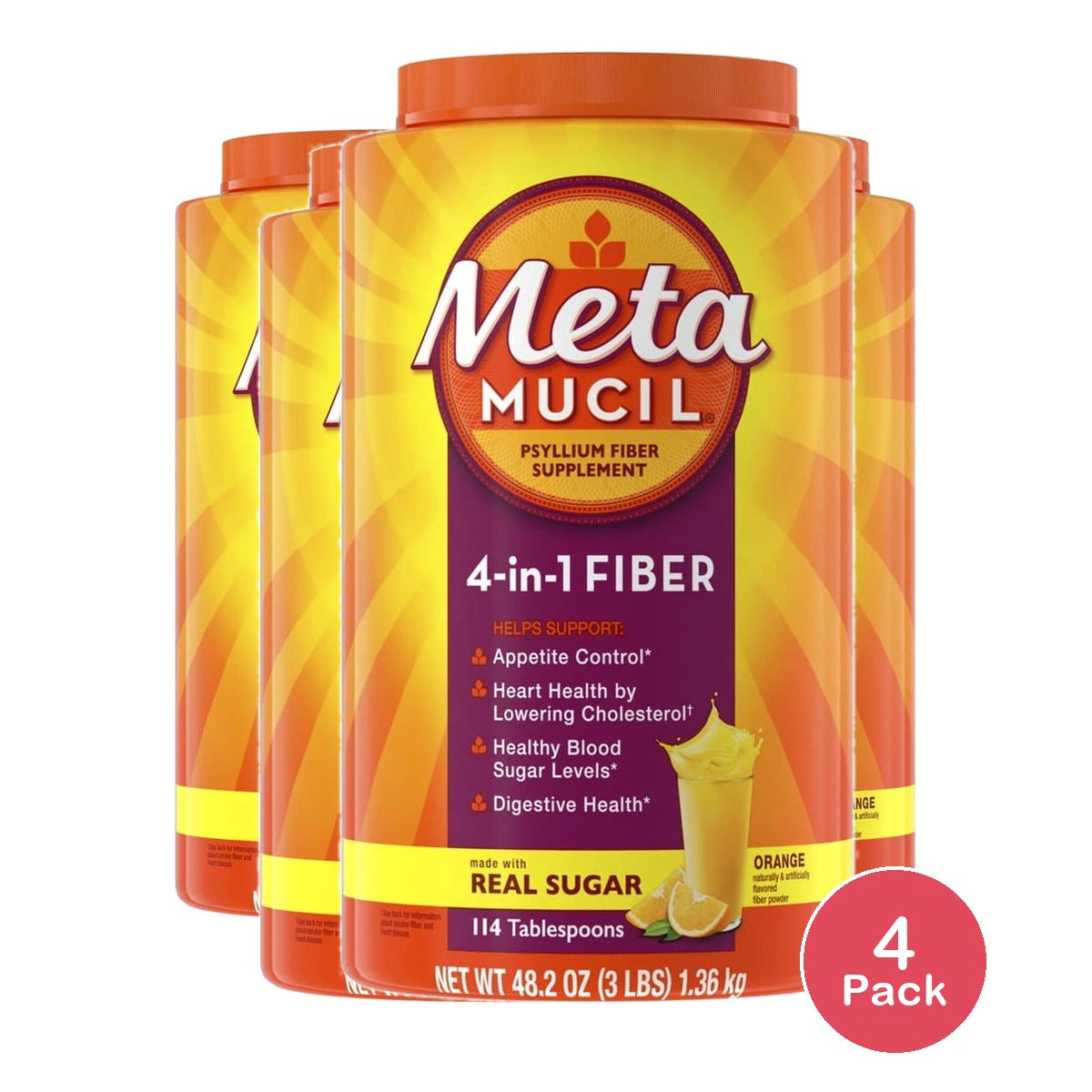 Metamucil Psyllium Fiber Supplement with Sugar Powder- Orange -52.32 oz(Pack of 4)