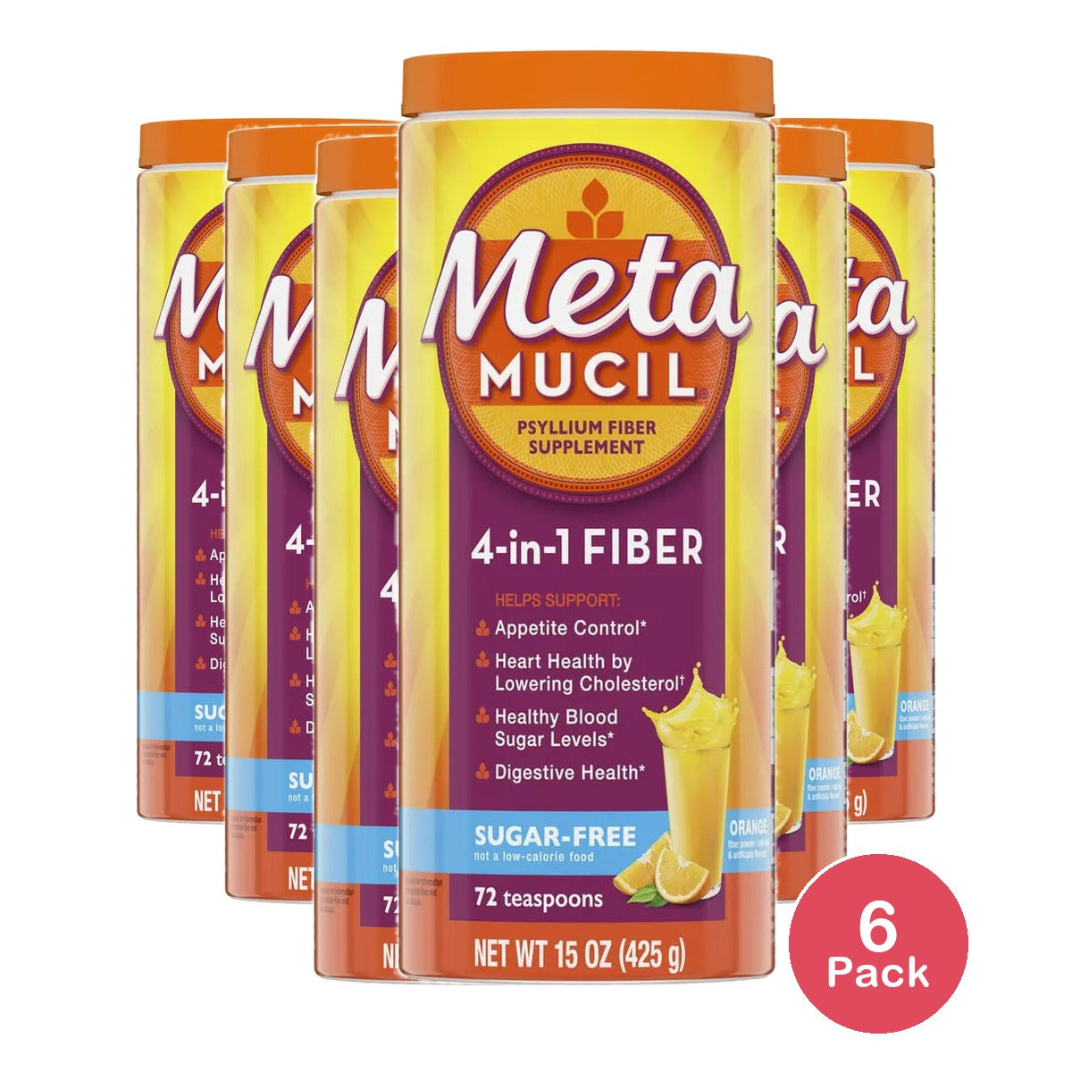 Metamucil Smooth Texture Bulk Forming Sugar Free Orange Flavor Powder 15Oz (Pack of 6)