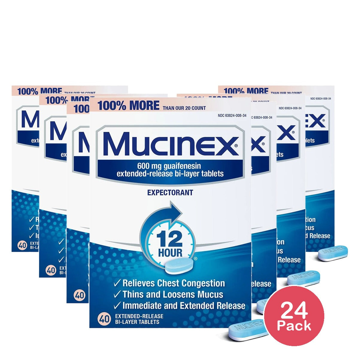 Mucinex 12-Hour Chest Congestion Expectorant Tablets 40 Count 0.15 Oz (Pack Of 24)