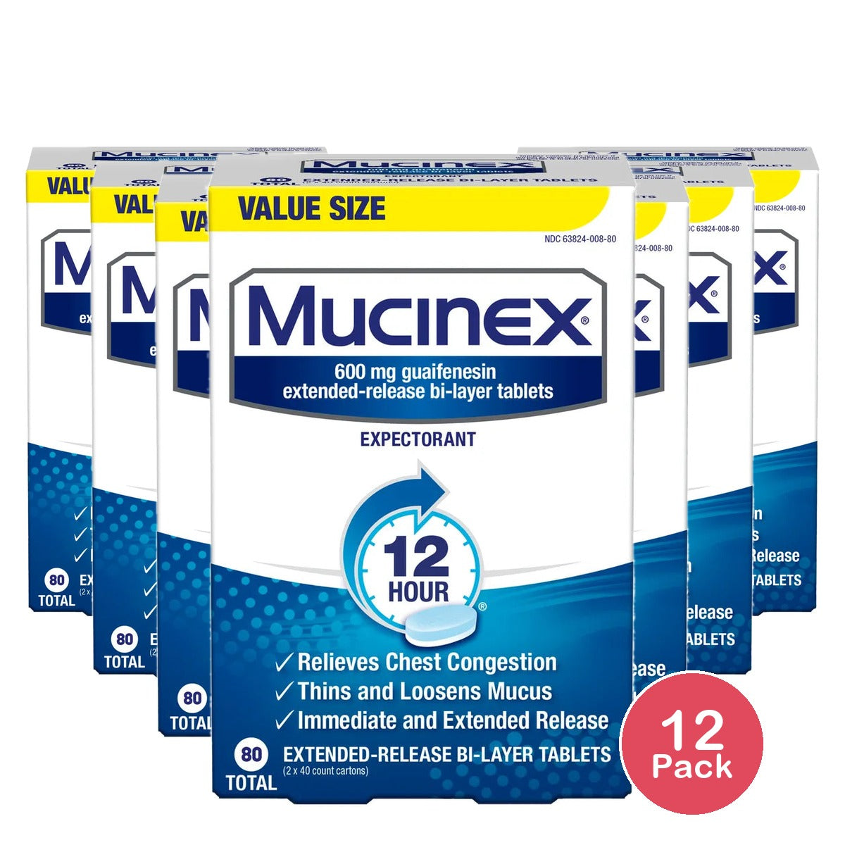 Mucinex 12 Hour Cough & Chest Congestion 80 Tablets 0.21Oz (Pack Of 12)