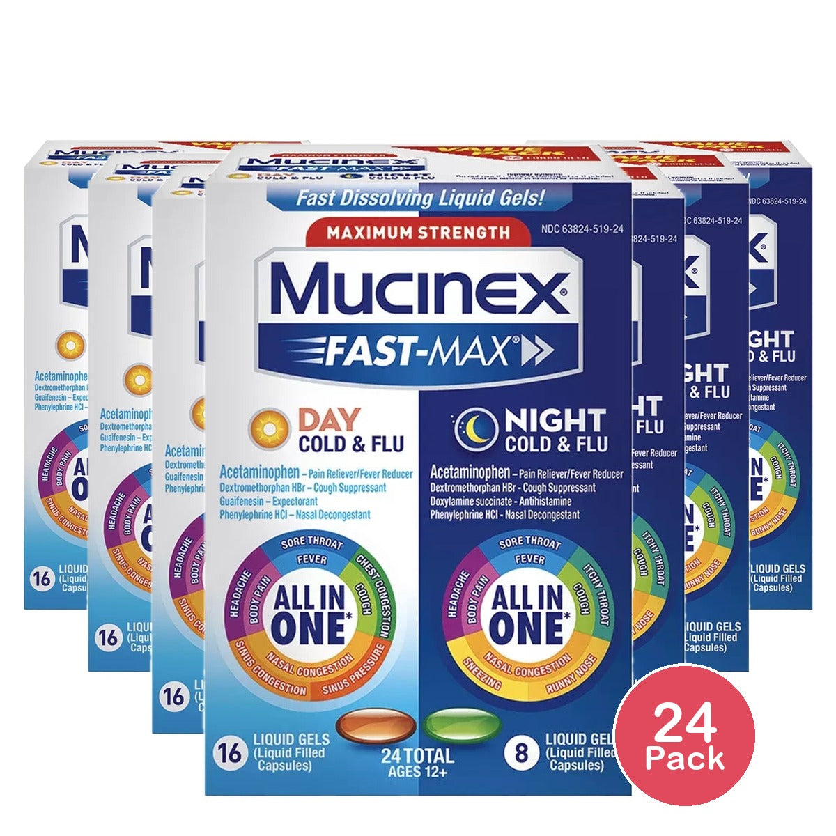 Mucinex Fast-Max Maximum Strength Cold & Flu Day And Night Medicine All-In-One 0.14 Oz (Pack Of 24)