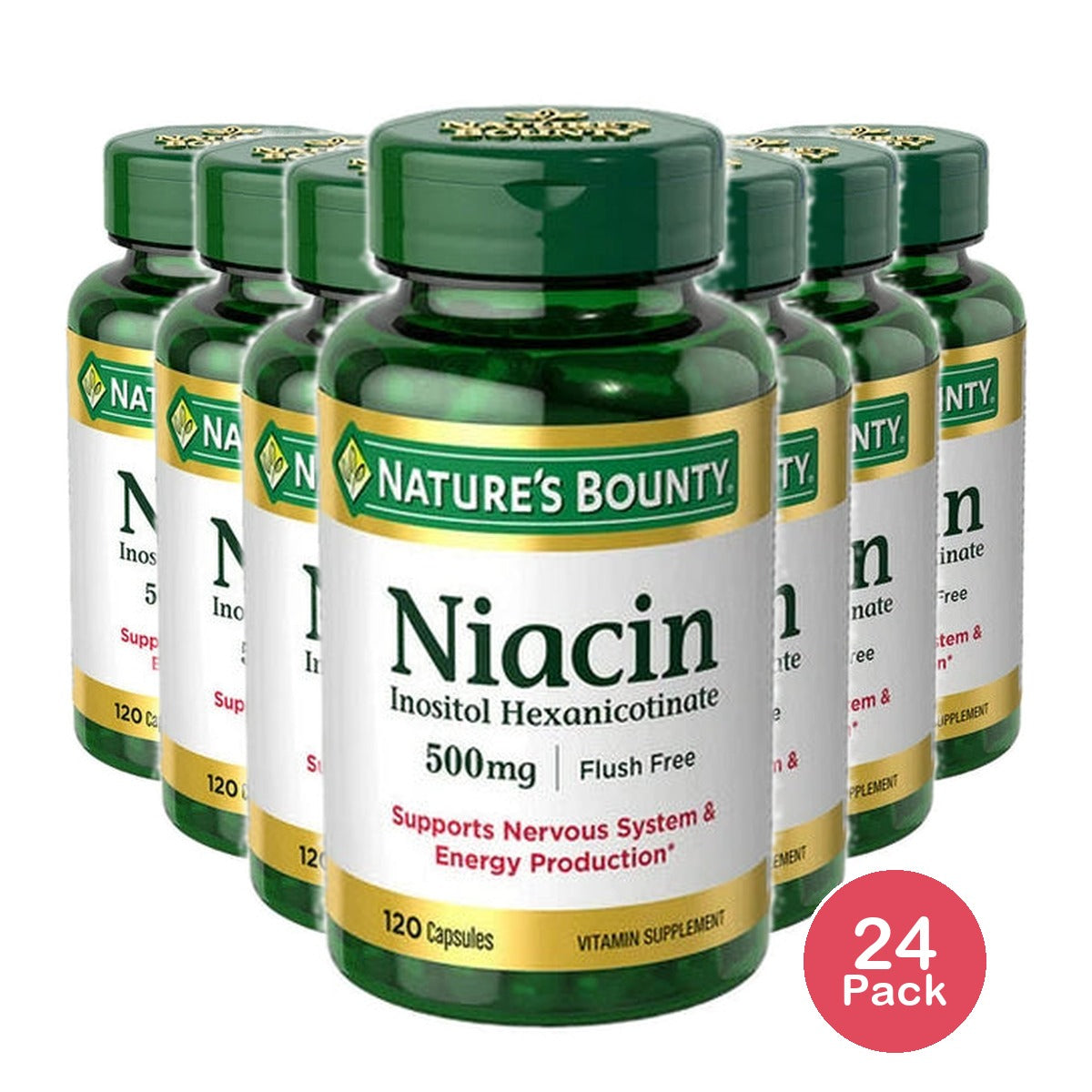 Nature’s Bounty Flush Free Niacin 500 mg Capsules for Energy Metabolism 120 Ct (Pack of 24)