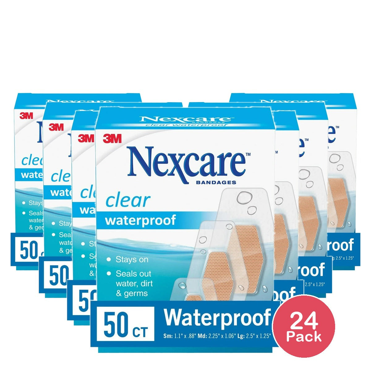 Nexcare Waterproof Clear Bandages, Assorted Sizes, 50 Count (Pack of 24)