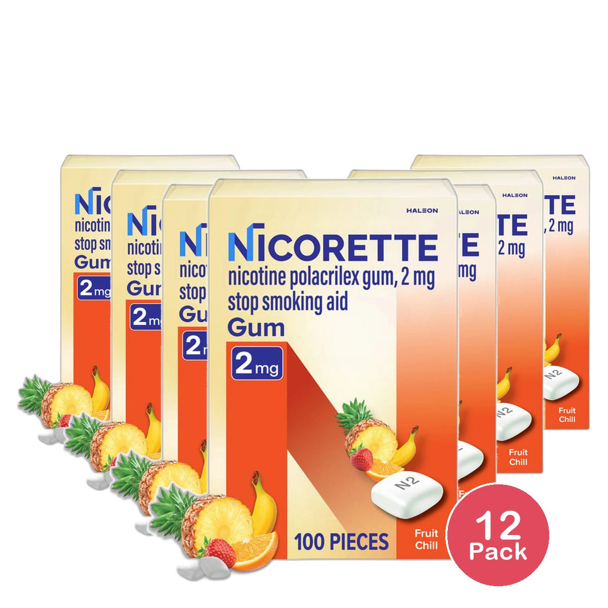 Nicorette 2mg Gum Stop Smoking Aid Fruit Chill 4Oz(Pack of 12)