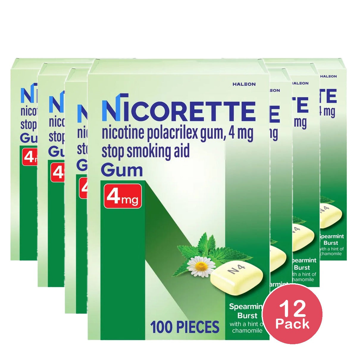 Nicorette Nicotine Stop Smoking Aid Gum 4 Mg Spearmint 6.74Oz (Pack of 12)