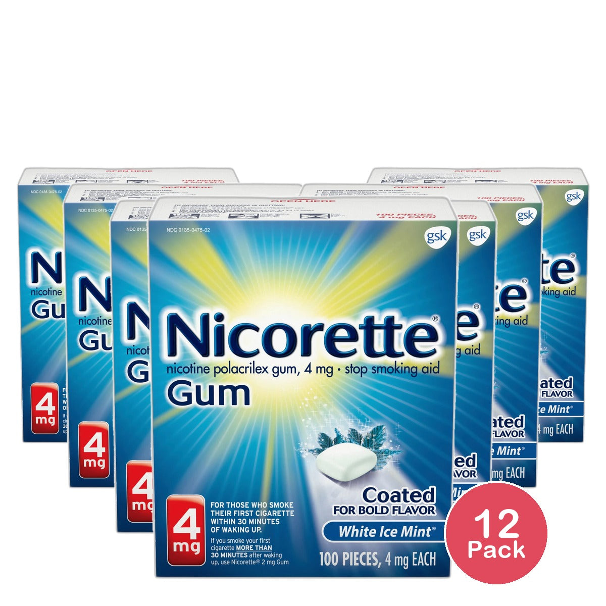 Nicorette Nicotine Stop Smoking Aid Gum 4 Mg White Ice Mint 5.29Oz (Pack of 12)