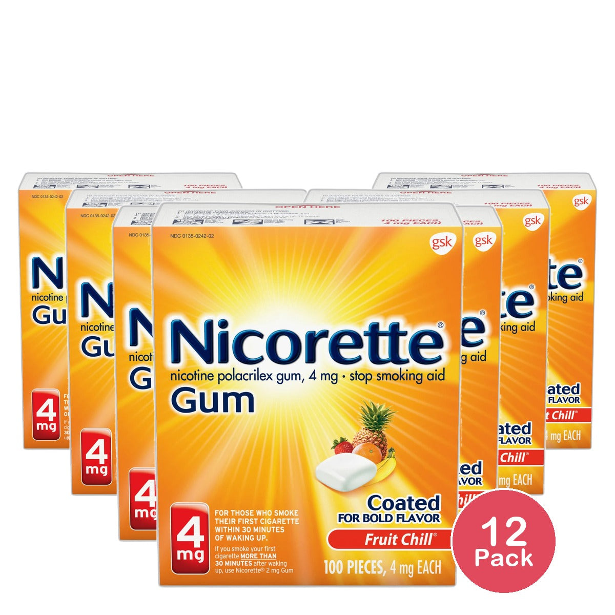 Nicorette Stop Smoking Aid 4mg Gum Fruit Chill 6.20Oz (Pack of 12)
