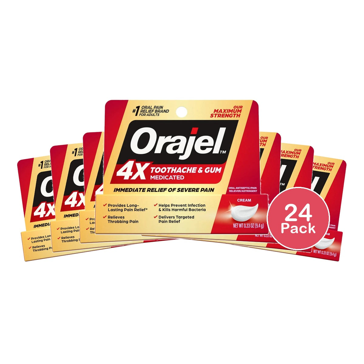 Orajel 4X For Toothache & Gum Pain: Severe Cream Tube 0.33- From #1 Oral Pain 0.33 Oz (Pack Of 24)