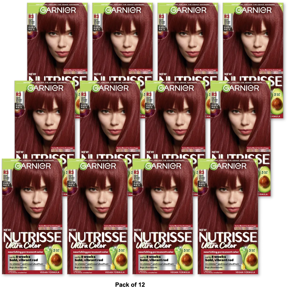 Garnier Nutrisse Ultra Color Nourishing Hair Color Creme R3 Light Intense Auburn 8.48oz (Pack of 12)