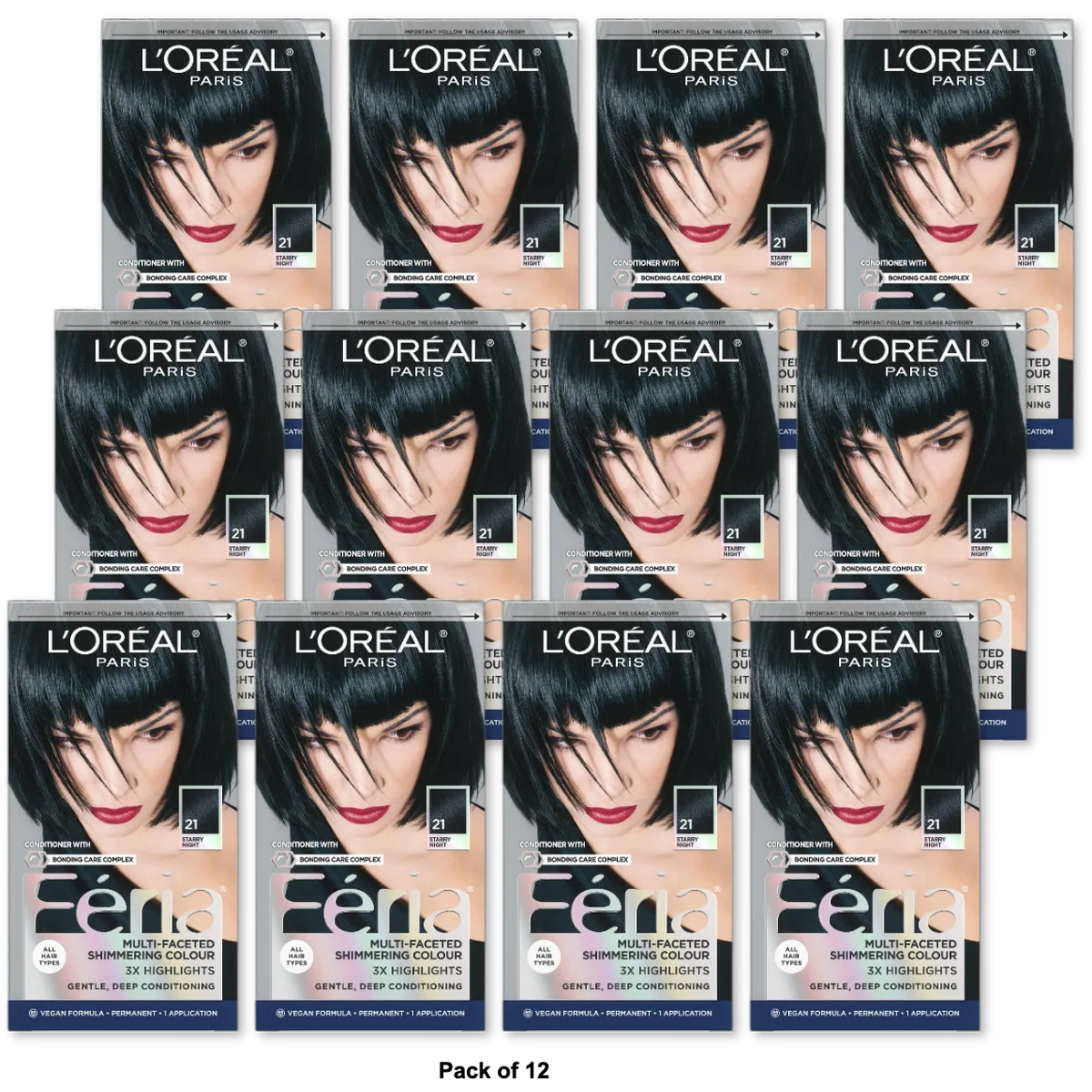Loreal Feria Multi Faceted Shimmering Hair Color #21 Starry Night 10.4oz (Bright Black)1 Ea (Pack of 12)