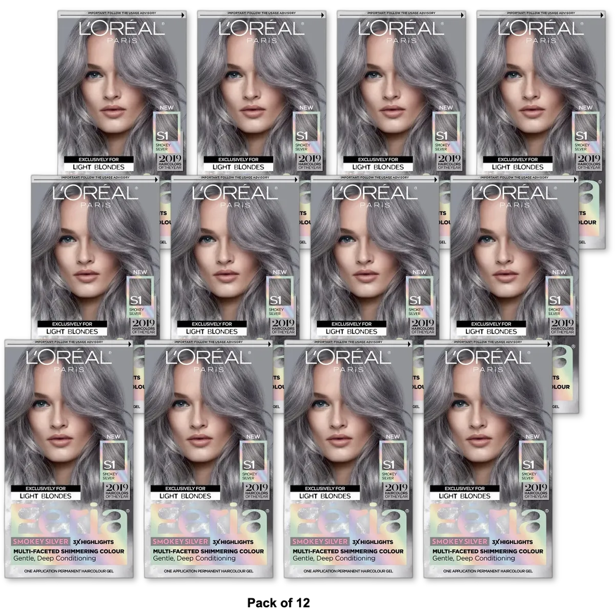 LOreal Paris Feria Multi-Faceted Shimmering Permanent Hair Color S1 Smokey Silver 8oz (Pack of 12)