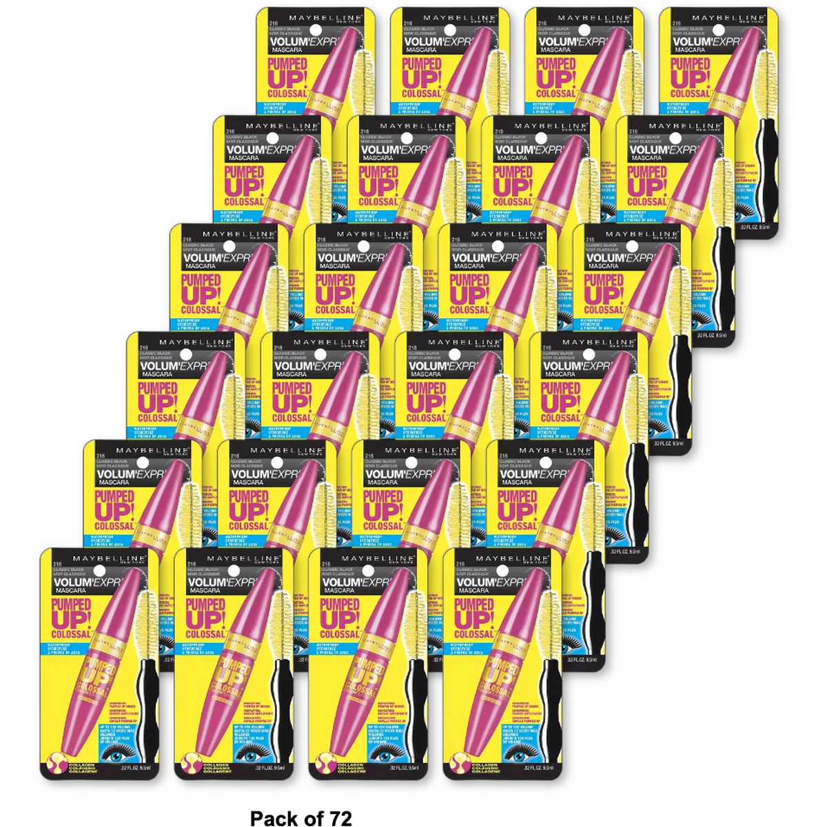 Maybelline Volum Express Pumped Up Colossal Waterproof Mascara Classic Black 0.32Oz (Pack of 72)