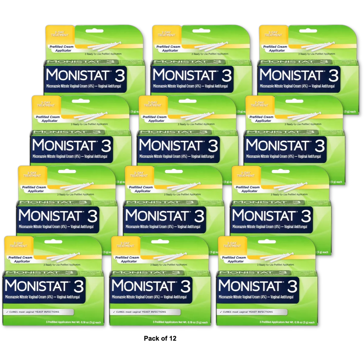 Monistat 3 Vaginal Antifungal Cream Prefilled Applicators 0.86Oz (Pack Of 12)