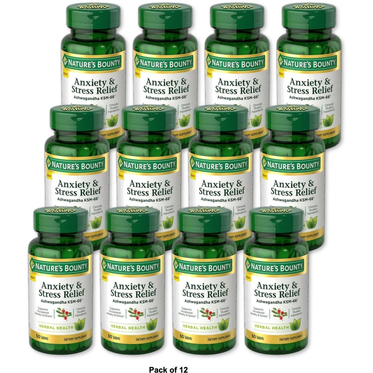 Natures Bounty Anxiety and Stress Relief Ashwagandha KSM-66 Tablets 0.16Oz -(Pack of 12)