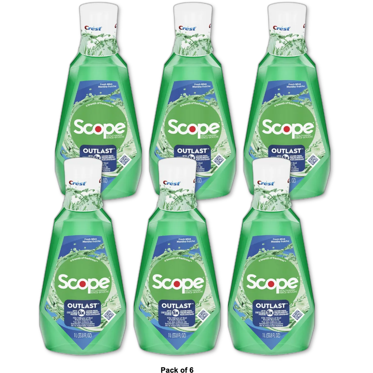 Crest Scope Outlast Mouthwash Long Lasting Mint For Fresh Breath 33.8Oz (Pack of 6)
