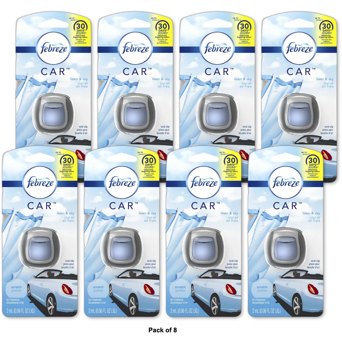 Febreze Car Odor-Eliminating Air Freshener Vent Clip Linen & Sky 0.06Oz (Pack Of 8)