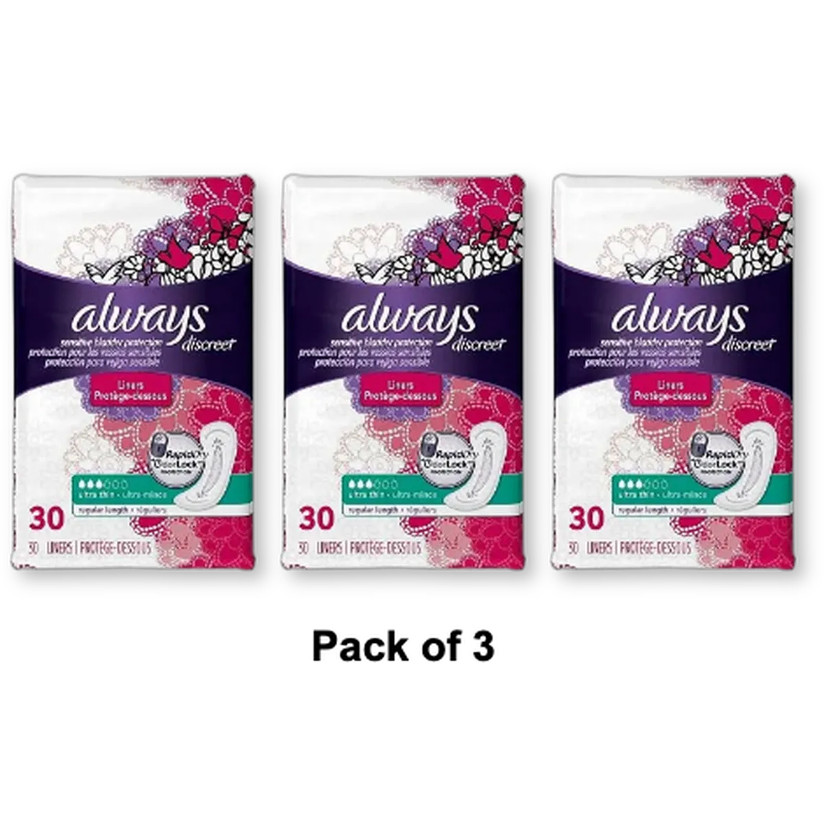 Always Discreet Ultra Thin Incontinence Pads For Women Regular Liners 2.18Oz (Pack Of 3)