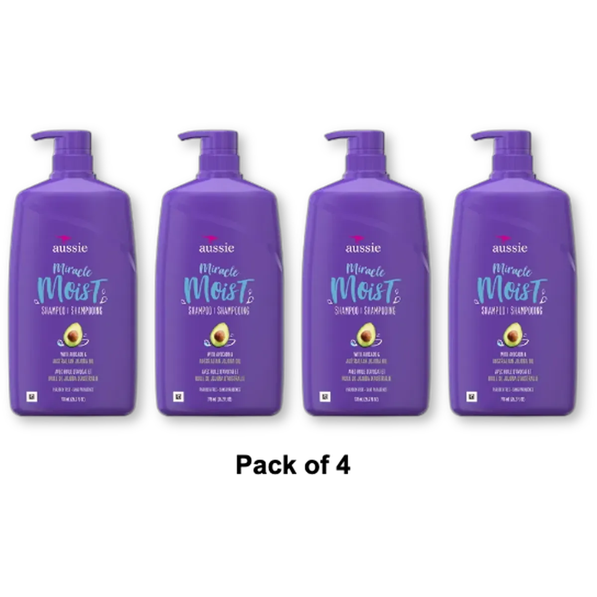 Aussie Miracle Moist Hair Shampoo with Pump Avocado and Australian Jojoba Oil 26.2Oz (Pack of 4)