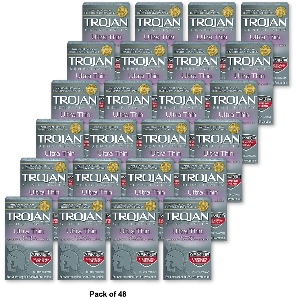 Trojan Sensitivity Ultra Thin Lubricated Latex Condoms Spermicidal 2.11oz (Pack of 48)