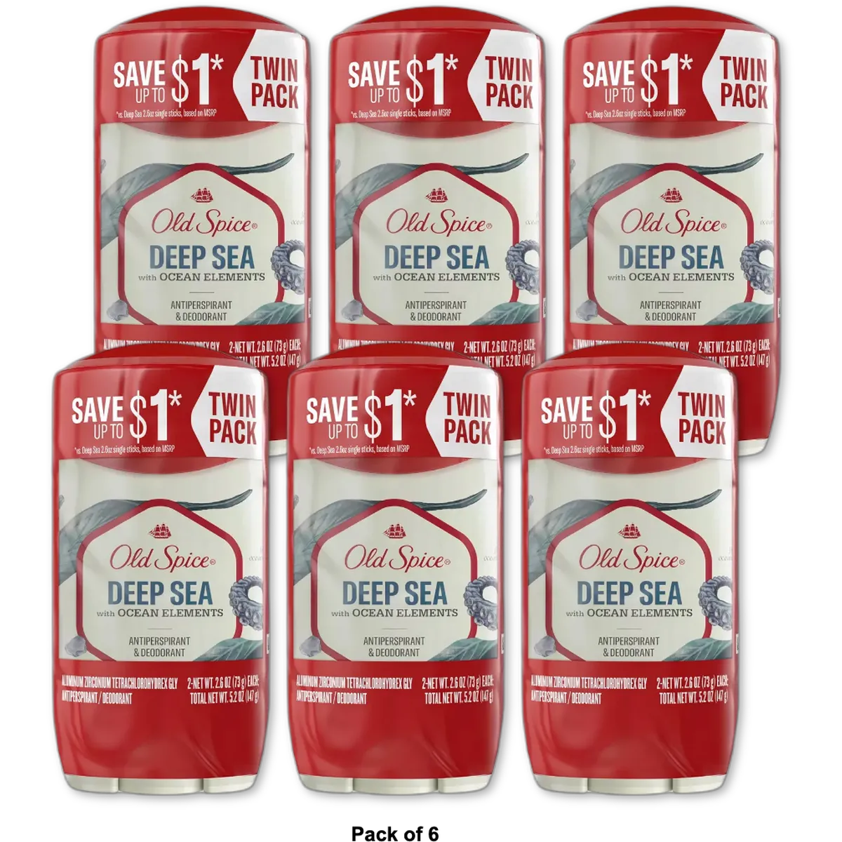 Old Spice Mens Antiperspirant Deodorant Deep Sea With Ocean Elements Twin Pack 2.6Oz (Pack Of 6)