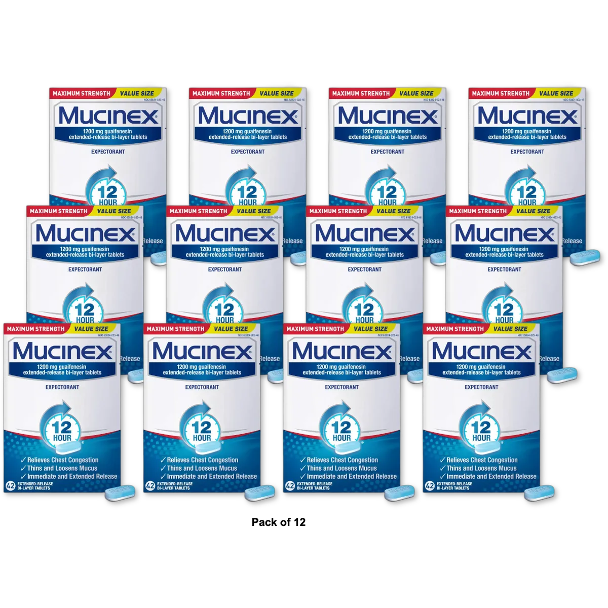 Mucinex Maximum Strength 12-Hour Chest Congestion Expectorant Tablets 0.07Oz (Pack Of 12)