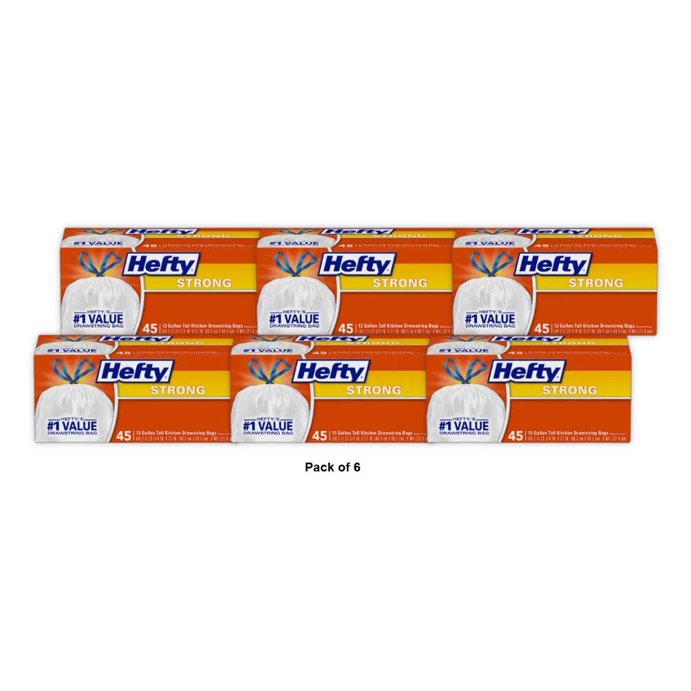 Hefty Tall Kitchen Drawstring Bags Strong 13 Gallon 20.96 (Pack of 6)