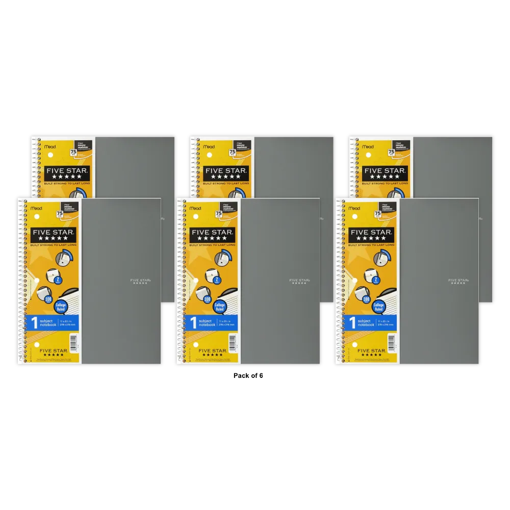 Mead Five Star 1 Subject College Ruled Notebook 100 Sheets 15.3oz (Pack of 6)