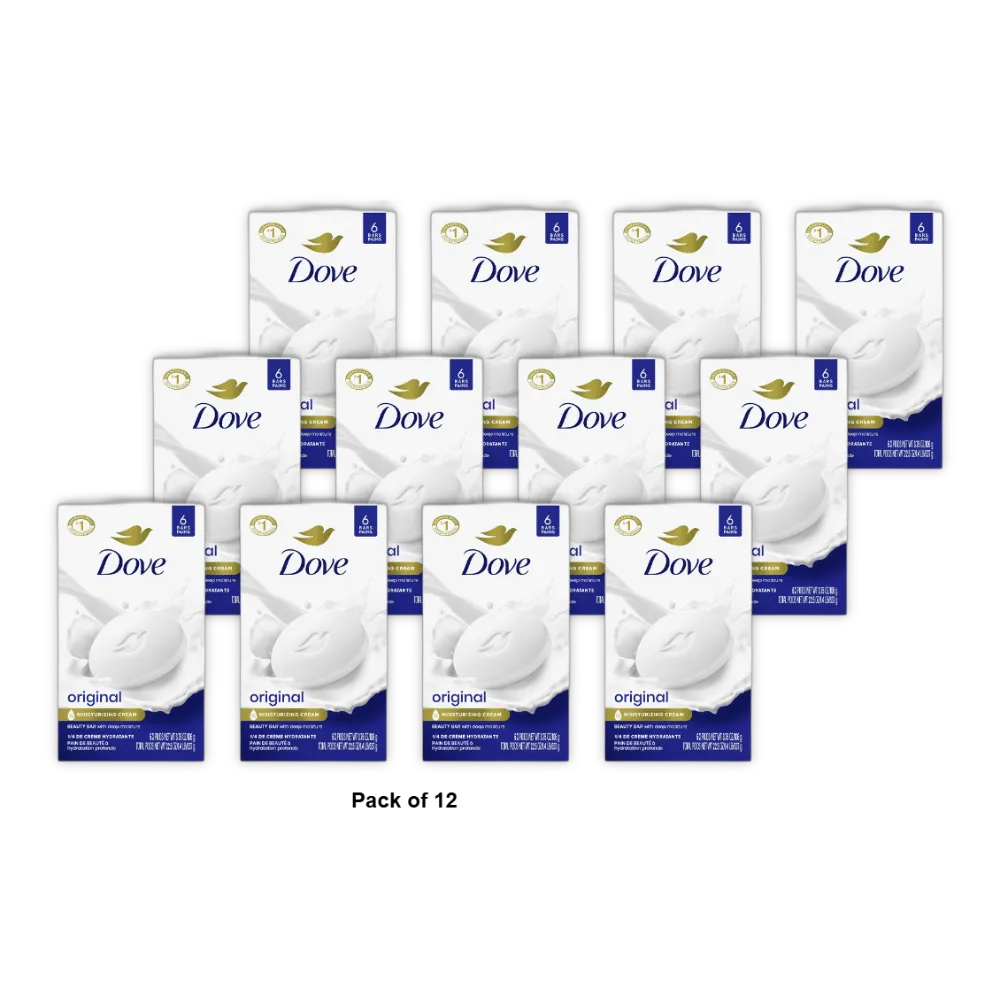 Dove Beauty Bar Soap for Women Original with 1/4 Moisturizing Cream All Skin 6 Ea 3.75Oz (Pack of 12)