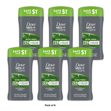 Dove Men Plus Care 72 Hour Antiperspirant Deodorant Stick Extra Fresh 2.7Oz (Pack of 6)