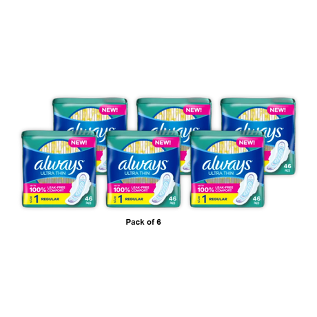 Always Ultra Thin Size 1 Regular Pads With Wings Unscented 46 Count image may vary 8oz (Pack of 6)